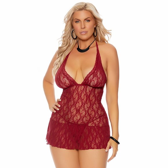Lace Halter Neck Babydoll and G-String Set Burgundy - Picture 4 of 7